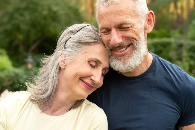 Older couple sitting together outdoors in the countryside
